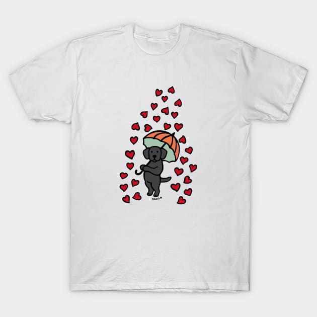 Black Labrador Cartoon and Rain of Hearts T-Shirt by HappyLabradors